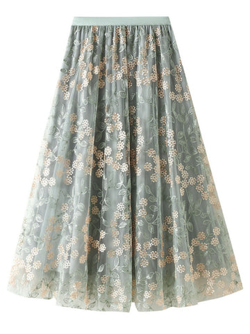 Woochic jupe longue tulle brodée fleurie élégant femme Vert ONE SIZE